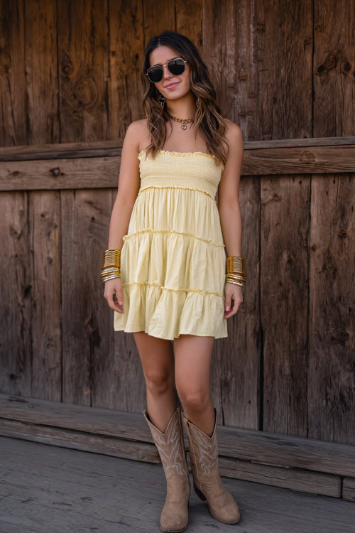 A woman wearing a tiered smocked sundress in soft yellow with tan western boots, accessorized with oversized sunglasses and gold bangles