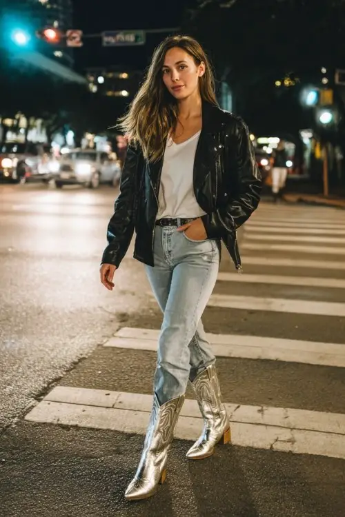 A woman wears light-wash skinny jeans tucked into silver cowboy boots, paired with a black leather jacket and a white tee