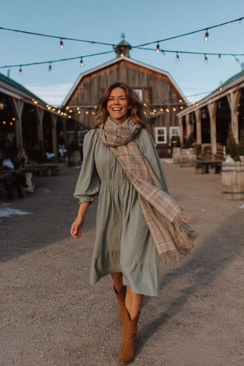 A petite woman in a sage green smocked midi dress with puff sleeves, styled with tan ankle boots and a lightweight plaid scarf