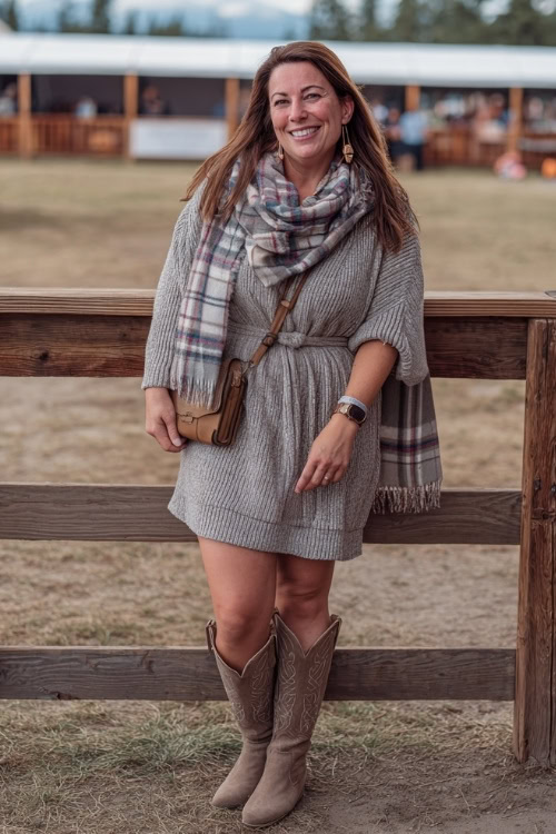 A plus-size woman wears a chic belted knit sweater dress with a plaid blanket scarf, suede cowboy boots, and a crossbody bag, posing by wooden fences at a fall festival concert