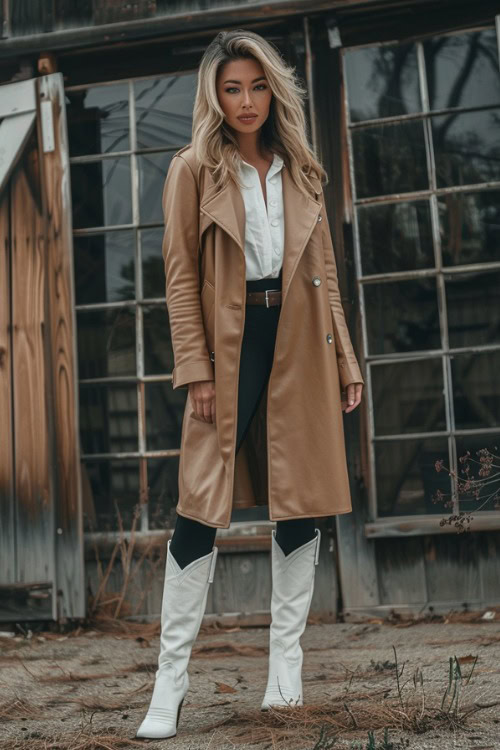 A woman wears white cowboy boots with leggings, white top and trench coat