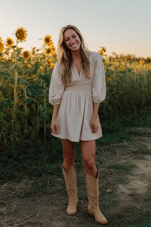 A woman over 30 wears a soft pastel dress with tan tall cowboy boots