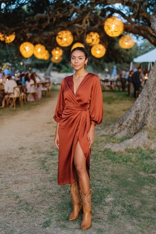 a woman in a rust satin wrap midi dress with a thigh slit and balloon sleeves, paired with tan cowboy boots (3)
