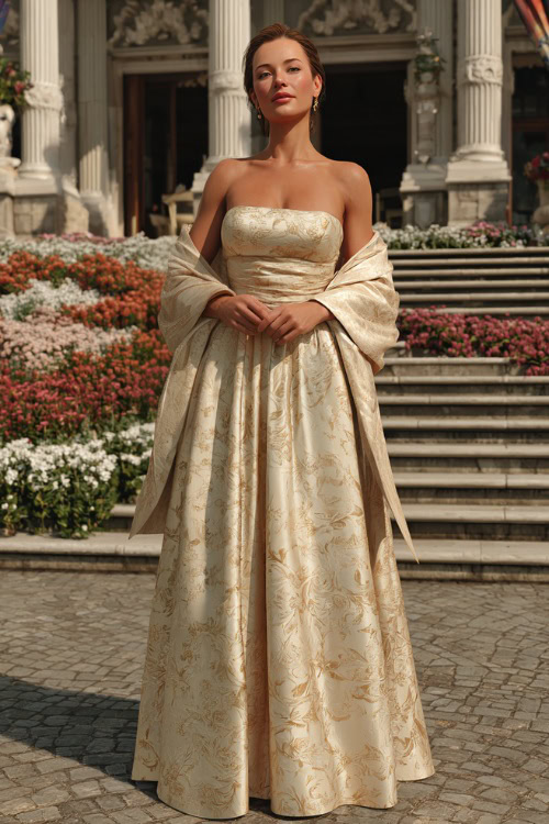 A woman wearing a champagne satin formal gown with a square neckline and matching shawl, standing in front of an ornate wedding venue with floral steps