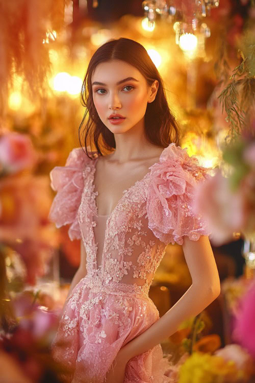 A woman in a blush pink short wrap dress with flutter sleeves, a tulip hemline, and floral lace appliqueÌs