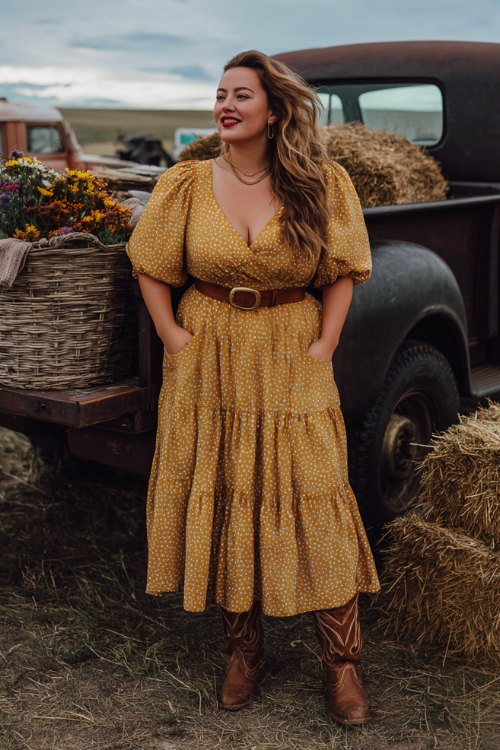 A curvy woman in a goldenrod tiered prairie dress with puff sleeves and a belted waist, paired with brown leather cowboy boots