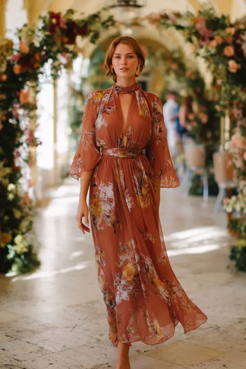 A full-body image of a woman in a muted terracotta gown with botanical print chiffon overlay, a high neckline, and sheer sleeves