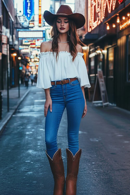 a woman wears brown cowboy boots with skinny jeans and a white blouse