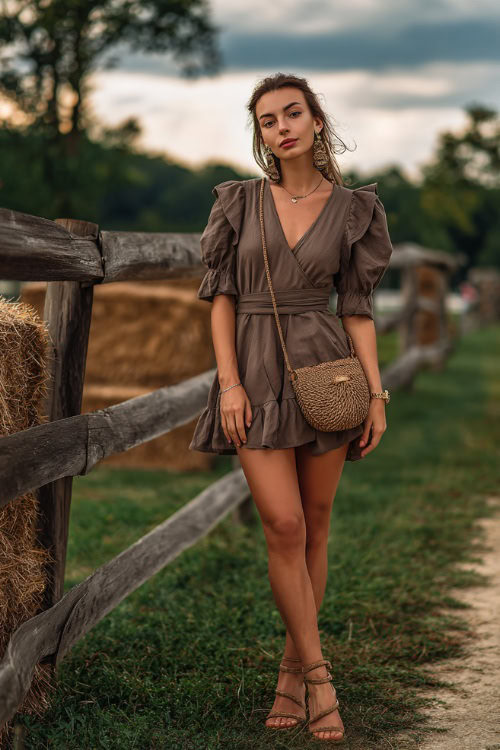 A woman wearing a ruffle sleeve wrap dress with wedge sandals and a woven crossbody bag, accessorized with statement earrings