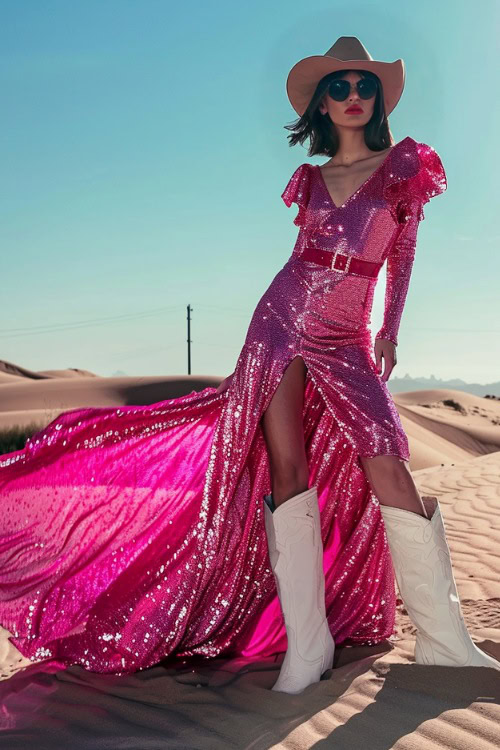 A woman wears white cowboy boots and a long flowy sequin dress