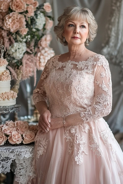 A woman over 50 wears a blush pink lace wedding guest dress with long sleeves and floral appliqueÌ detailing