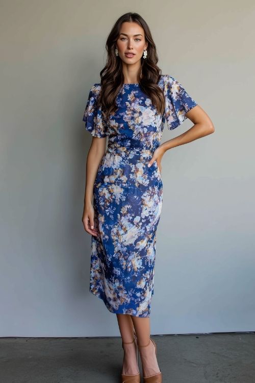 a woman wears a navy floral midi weddingg guest dress with flutter sleeves