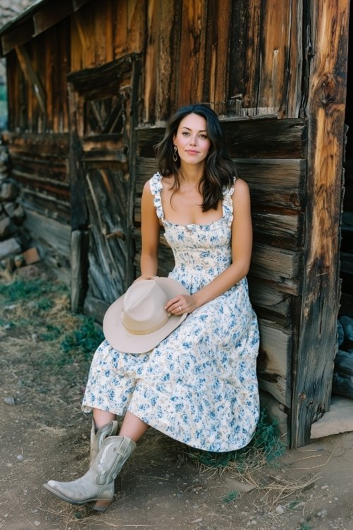 A woman in a white and blue floral dress with a square neckline and cowboy boots