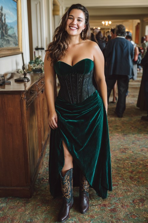 A curvy woman wears a deep emerald velvet gown with a corset-style bodice and flowing skirt, paired with embroidered dark cowboy boots