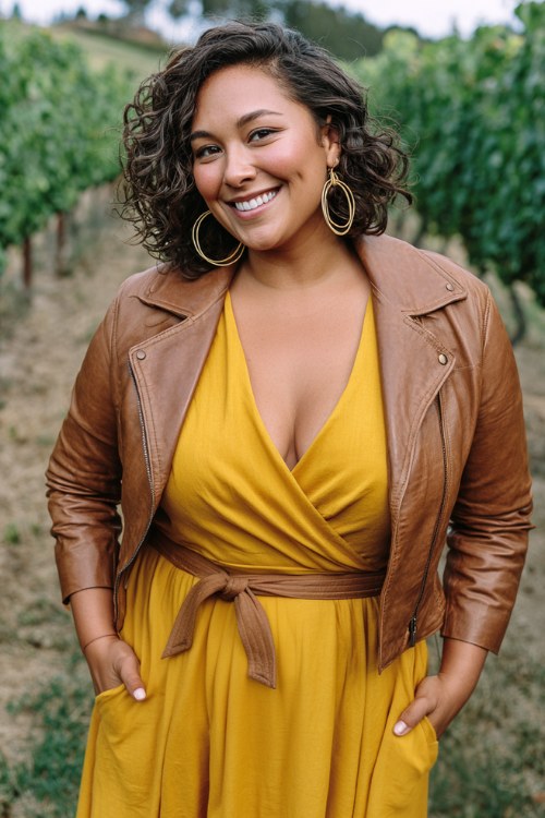 A curvy woman wears a mustard yellow wrap dress with a belted waist, styled with a brown leather jacket and hoop earrings