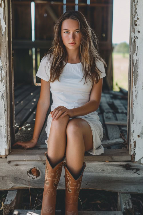 A woman wears white shirt dress with with cowboy boots