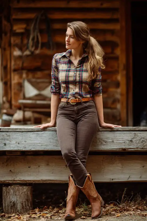 A woman wears high-waisted skinny jeans with a plaid button-down shirt tucked in, styled with a leather belt and brown cowboy boots, standing at a rustic outdoor stage with autumn leaves