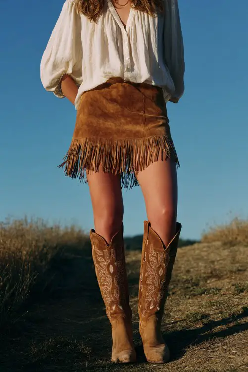 A woman wears a denim mini skirt with brown tall cowboy boots and a white puff-sleeve blouse