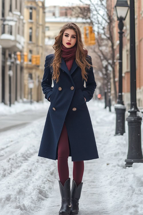 Chic winter outfit with a woman wearing a long navy blue coat, leggings in burgundy, and black cowboy boots