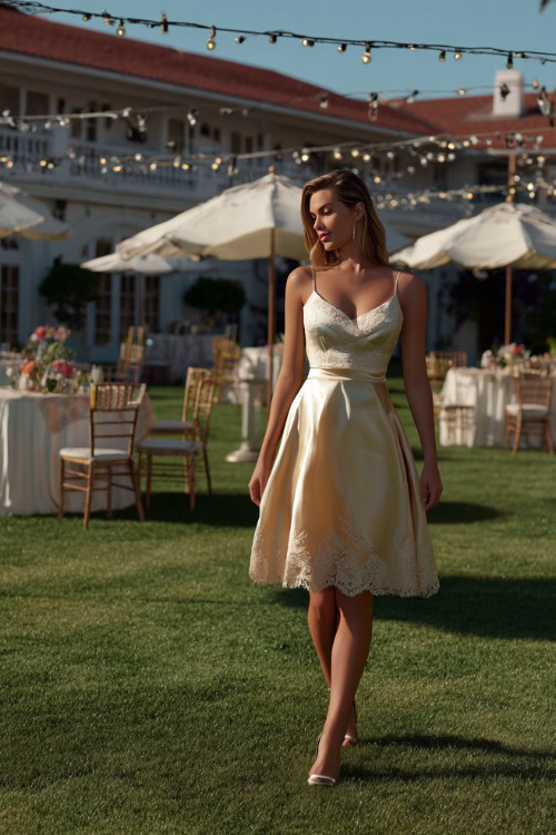 A woman wearing a champagne A-line midi dress with lace appliqueÌ and satin heels, walking across a manicured lawn with cocktail tables and string lights