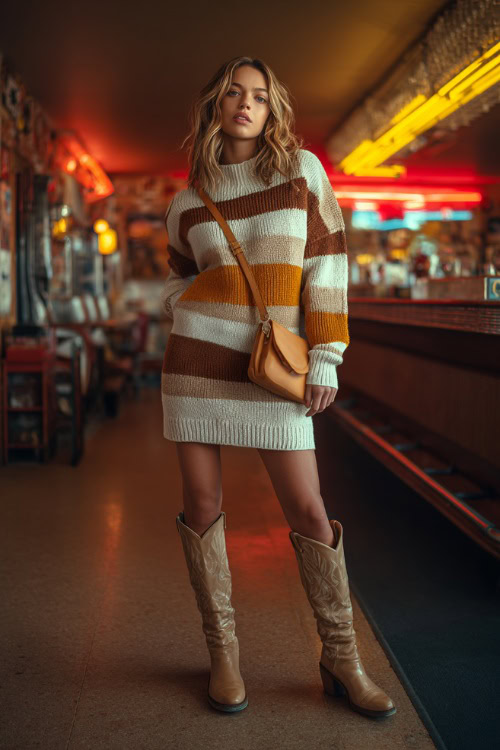 A woman in a playful striped knit sweater dress with tan knee-high cowboy boots and a tan crossbody, standing confidently inside a retro bar with neon lights