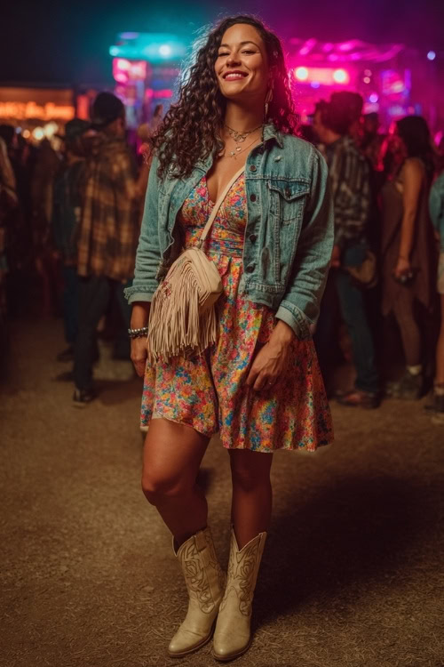 A curvy woman wears a denim jacket over a floral midi dress, paired with western boots and a crossbody fringe bag, standing in a lively crowd with neon concert lights