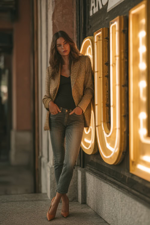 A woman wearing skinny jeans, an oversized blazer, and pointed heels, standing outside a trendy fall club entrance with glowing signs