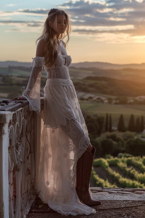 a woman wears a pink sheer maxi dress and cowboy boots