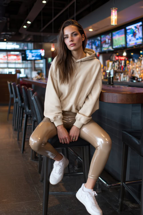 A woman in faux leather leggings, a beige oversized hoodie, and white sneakers, sitting at a casual sports bar with flat-screen TVs in the background