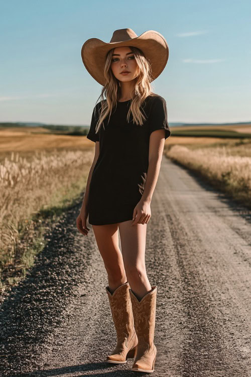 A modern western-inspired woman wearing a black t-shirt dress with an asymmetrical hem, tan cowboy boots, and a wide-brim hat