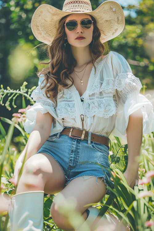 A woman wears denim shorts with white cowboy boots and a blouse