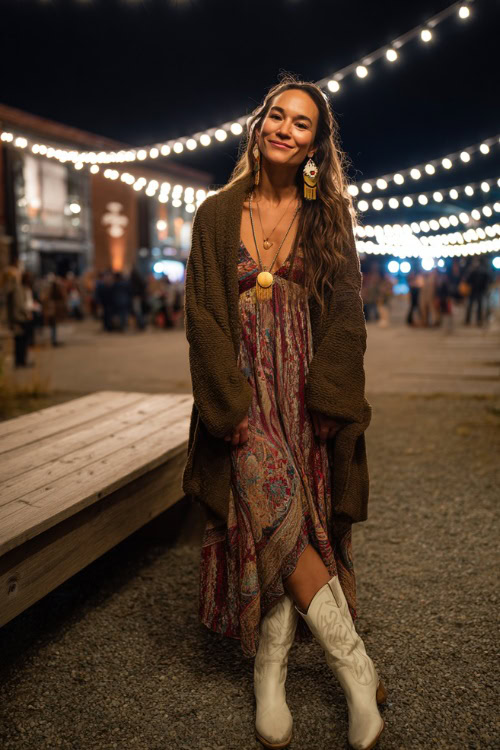 A woman wears a bohemian maxi dress with a wool wrap coat, white cowboy boots