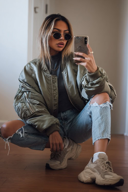 Baddie-inspired outfit with an oversized bomber jacket, ripped jeans, fitted turtleneck, and chunky sneakers, woman taking mirror selfie indoors with minimal background