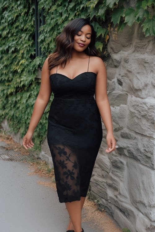 A curvy woman wears a black midi dress with floral embroidered sheer mesh overlay and a sweetheart slip underneath