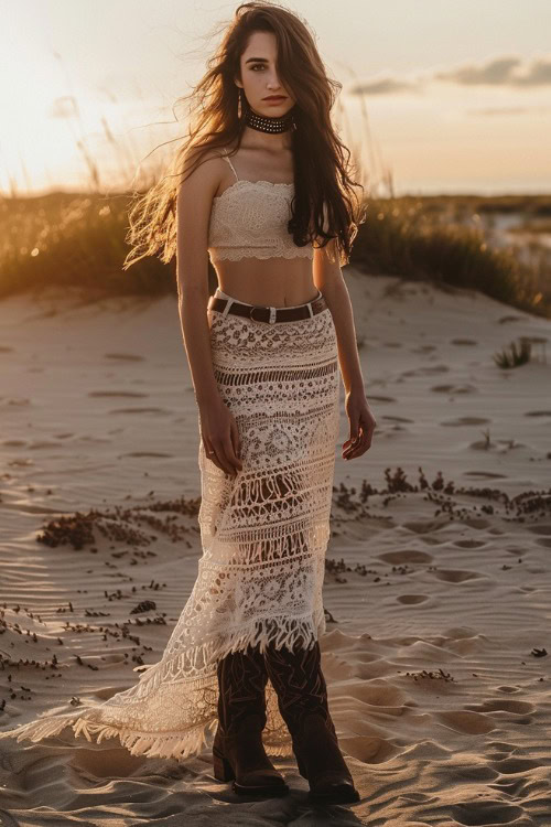 a woman wears skirt and cowboy boots in a beach