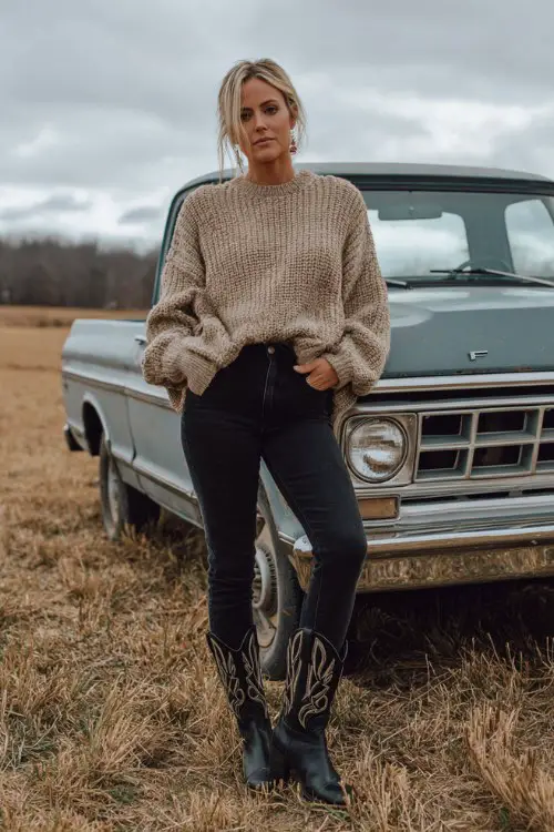 A woman over 30 wears an oversized taupe sweater with skinny black jeans and polished black cowboy boots