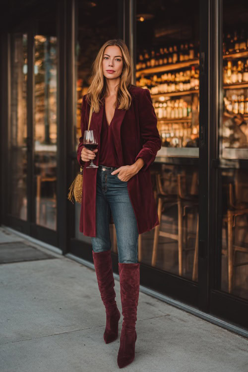 A woman over 40 wearing dark denim jeans, a burgundy longline blazer, and heeled ankle boots, standing outside a modern bar on a crisp fall night