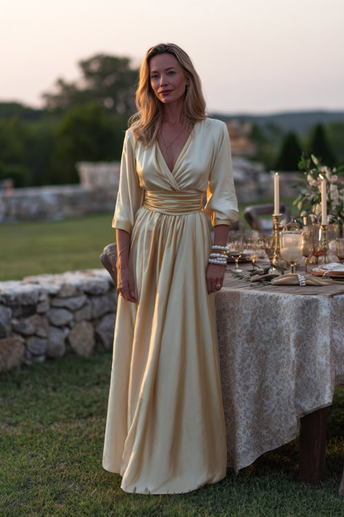 A woman over 60 in a flowy cream and gold maxi dress with elbow-length sleeves and pearl bracelets, standing beside a candlelit reception table on a grassy lawn