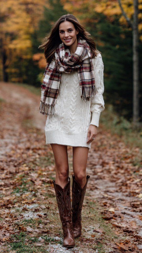 A woman wears a cream knit sweater dress with tall brown cowboy boots outfit for fall