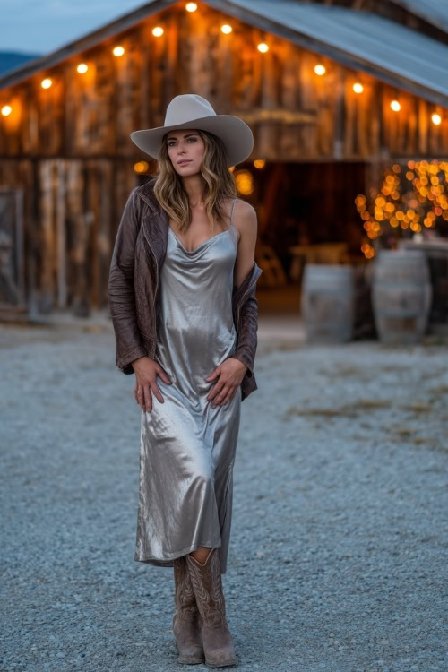A woman wears a silver metallic slip dress with a leather jacket, paired with cowboy boots and a wide-brim hat, standing near a wooden barn with glowing fall lights