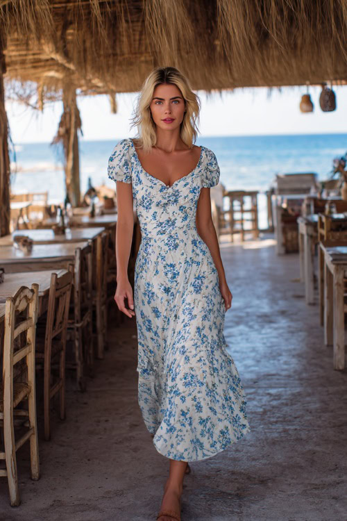 A woman wearing a white and blue floral flowy midi dress with short sleeves and flat sandals, walking through a boho-style wedding venue on the beach