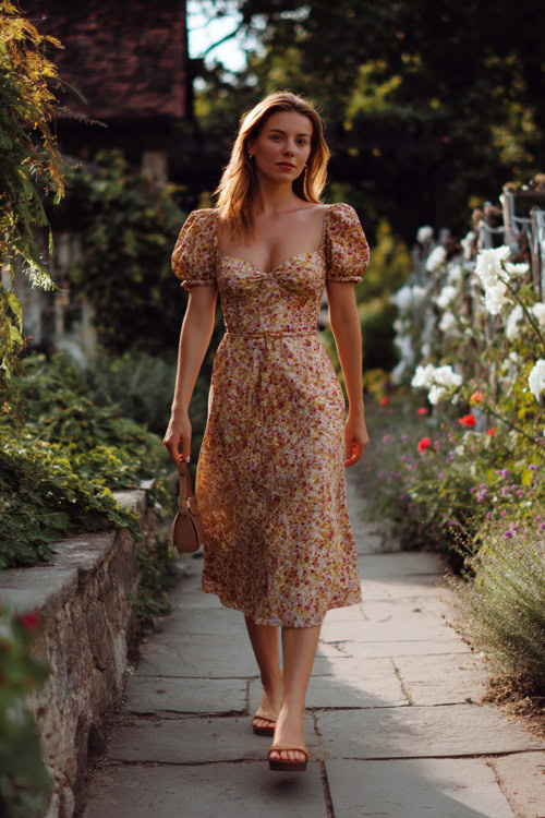 A woman wearing a floral print midi dress with puff sleeves and espadrille sandals, walking along a garden path with wedding decorations in the background