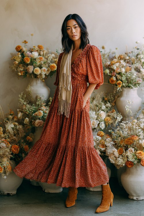 A woman wears a terracotta floral smocked midi with peasant sleeves and a tiered skirt