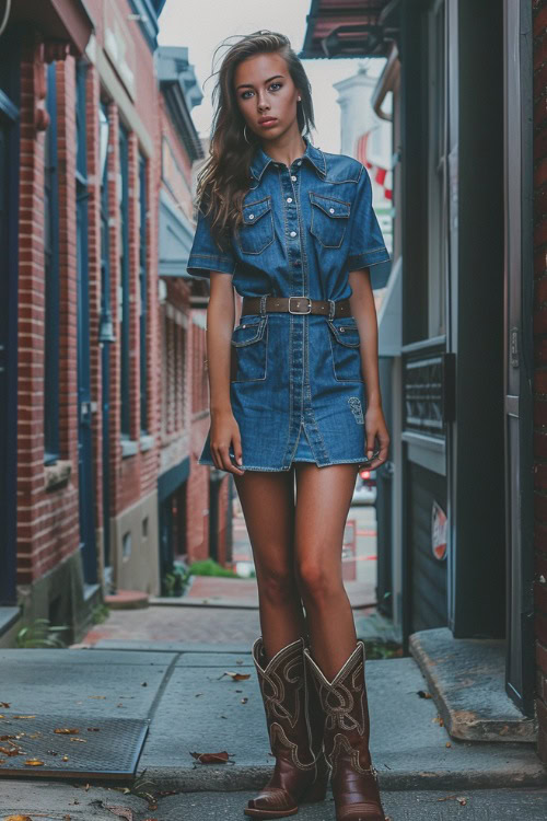 A woman wears a denim shirt dress with belt and cowboy boots