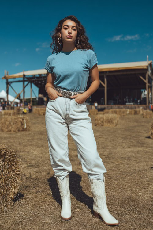 A midsize woman wearing high-rise mom jeans, a tucked-in band tee, and white cowboy boots, accessorized with a leather belt and silver hoop earrings