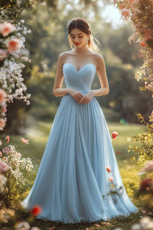 A stylish woman in a pastel blue sleeveless A-line dress with a sweetheart neckline, a cinched waist, and a pleated skirt