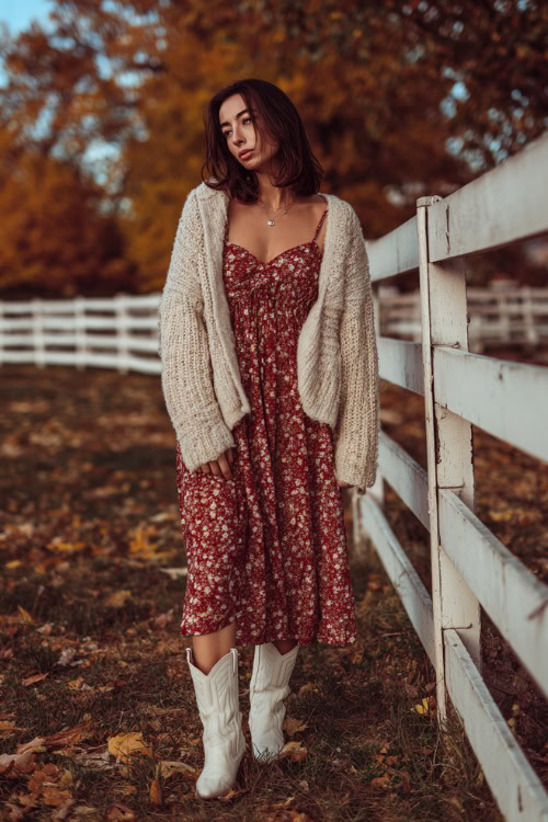 Autumn fashion outfit featuring a floral midi dress, chunky knit cardigan, and cowboy boots outdoors.