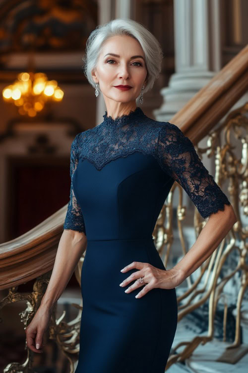 A mature woman in a fitted navy blue cocktail dress with a high neckline and sheer lace sleeves, accessorized with silver drop earrings and classic black heels