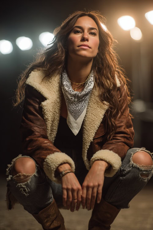 A woman wears a shearling-lined leather jacket, ripped jeans, and pointed cowboy boots, styled with a bandana scarf under glowing concert lights