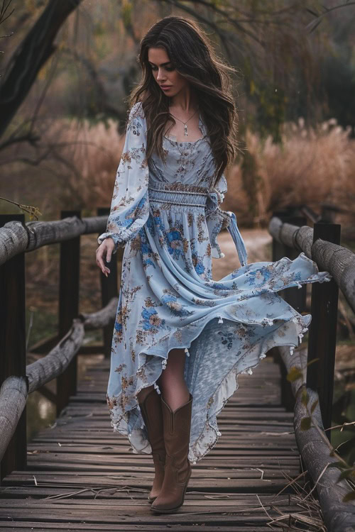 A woman wears cowboy boots with a blue dress